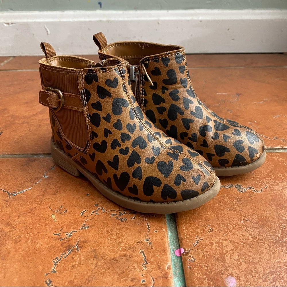 Leopard Print Booties 8T Carters Brown & Black Hearts Vegan Leafher